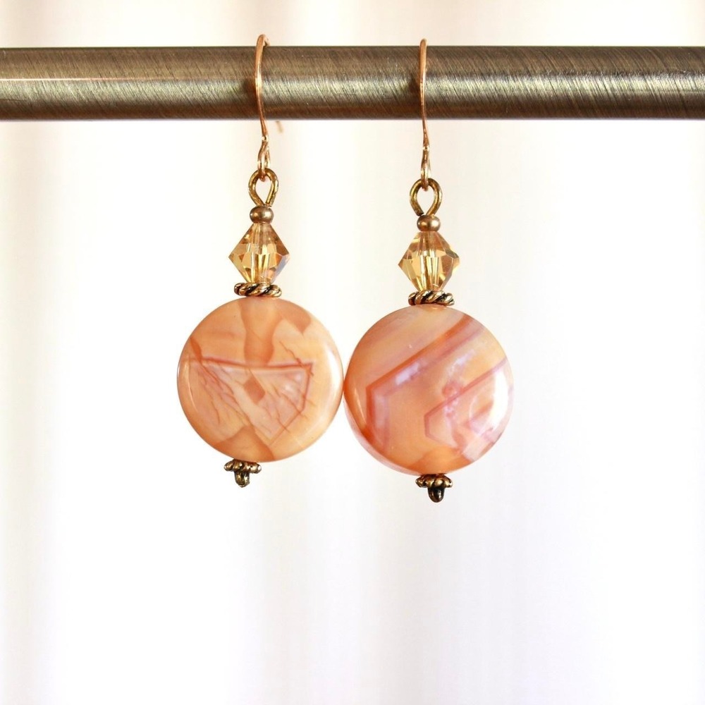 Handmade Peach Striped Agate Slice Beaded Dangle Earrings Boho Cottage‎ Fairy